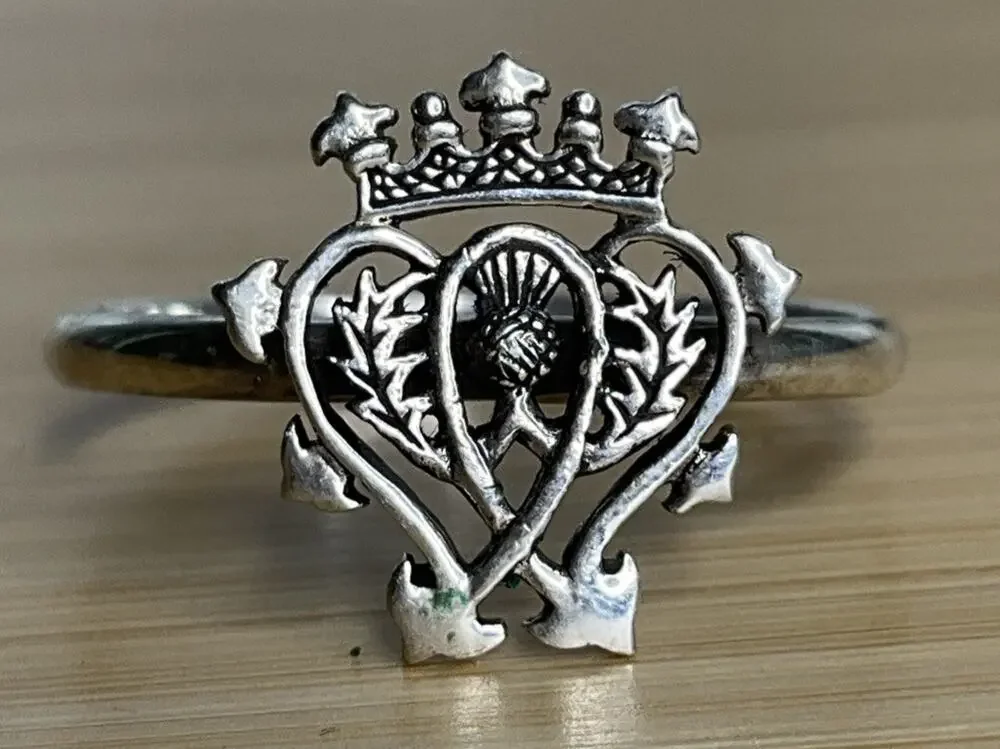 Vintage Sterling Silver Scottish Claddagh Ring Crown Heart Thistle Size 9